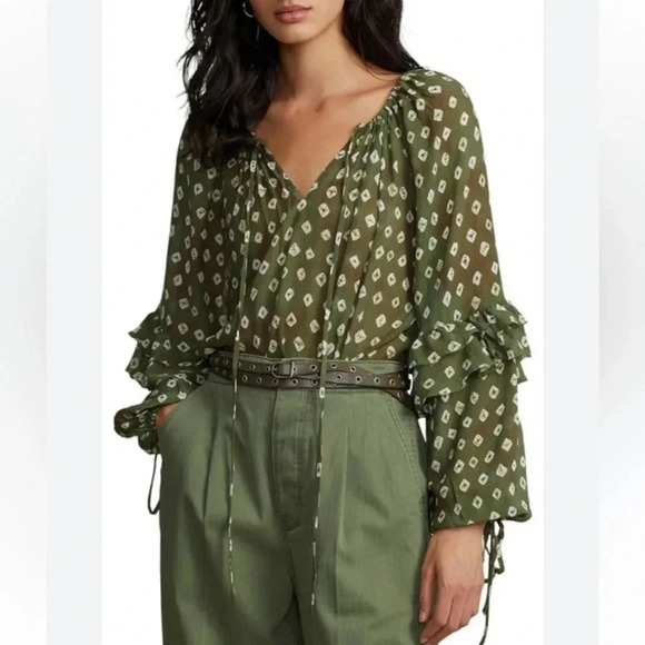 Polo Ralph Lauren Ruffle Printed Peasant Blouse Top Olive Green Size S - Picture 1 of 6